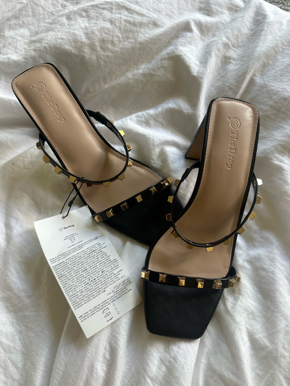 The Drop Riveted Black Square-Toe Heeled Sandals